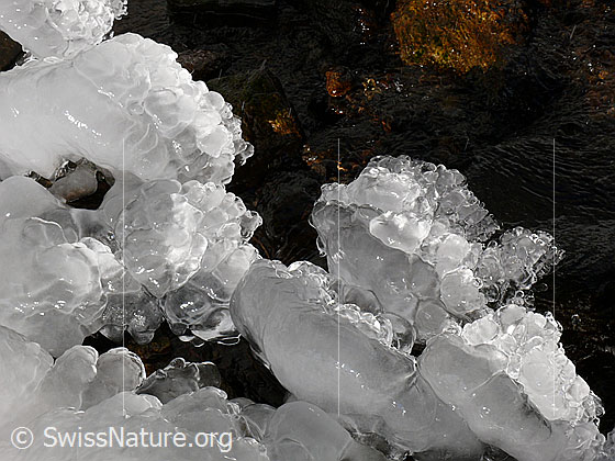 Foto: Kunstvolle, glänzende Eisgebilde am Ufer eines Bergbaches.