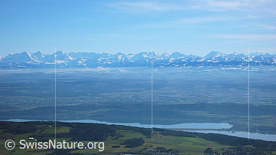 Foto: Blick vom Chasseral auf den Bielersee, über das besiedelte Flachland zu den Voralpen und Alpen mit Finsteraarhorn, Eiger, Mönch, Jungfrau, Breithorn, Blüemlisalp, Doldenhorn und Balmhorn.