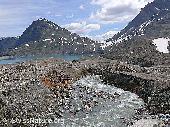 Foto: Erosion: Tief eingefressenes Bachbett mit Gletscherbach im Gletschervorfeld des Griesgletschers. Im Hintergrund sind Nufenenstock und Griessee (Stausee) zu sehen.