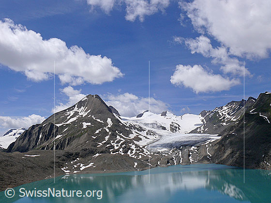 Foto: Griessee mit schwacher Spiegelung und aufgelockerten Wolken über den Bergen. Zu sehen sind: Ofenhorn, Bättelmatthorn, Rothorn, Blinnenhorn, Gletscherzunge des Griesgletschers und die Ritzhörner.