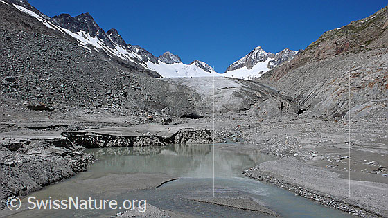 Foto: Schwemmlandschaft und Erosion im Gletschervorfeld des Oberaargletschers. Ein kleiner Bergsee mit Sandbänken ist entstanden. Im Wasser spiegelt sich das ausgewaschene, instabile Ufer. Im Hintergrund sind Gletschertor und Gletscherzunge sowie Roossehörner, Oberaar-Rothorn, Nollen, Oberaarjoch und Oberaarhorn zu sehen.
