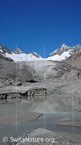 Foto: Schwemmlandschaft und Erosion im Gletschervorfeld des Oberaargletschers. Ein kleiner Bergsee mit Sandablagerungen ist entstanden. Im Wasser spiegelt sich das ausgewaschene, instabile Ufer. Im Hintergrund sind Gletschertor und Gletscherzunge sowie Oberaar-Rothorn, Nollen, Oberaarjoch und Oberaarhorn zu sehen.