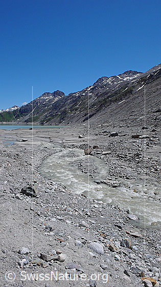 Foto: Oberaarsee, Sidelhorn, Gross Sidelhorn und Gletschervorfeld mit Gletscherbach, Geröll und Sandablagerungen.