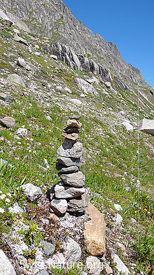Foto: Steinmann in natürlichem Alpengarten am Fuss einer Felswand.