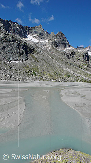 Foto: Gletscherbach und Sandbänke in der Schwemmebene des Bächlitals. Im Hintergrund ist der Brünberg zu sehen.
