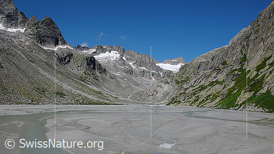 Foto: Schwemmebene im Bächlital mit zahlreichen Wasserläufen und grossflächigen Sandablagerungen. Im Hintergrund sind Brandlammhorn, Bächligletscher und Gross Diamantstock zu sehen.