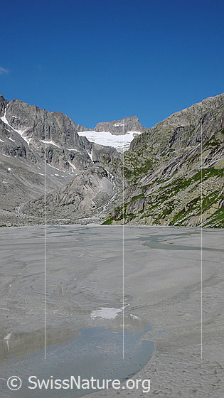 Foto: Schwemmlandschaft in der Hochebene des Bächlitals mit zahlreichen Wasserläufen und grossflächigen Sandablagerungen. Im Hintergrund sind Bächligletscher und Gross Diamantstock zu sehen.