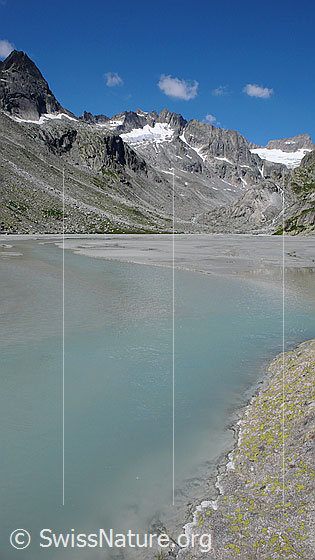 Foto: Gletscherbach in Schwemmebene des Bächlitals. Im Hintergrund sind Brandlammhorn und Gross Diamantstock zu sehen.