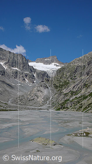 Foto: Blick über die Schwemmlandschaft Bächlisboden im Haslital zu Bächlihütte, Bächligletscher und Gross Diamantstock.
