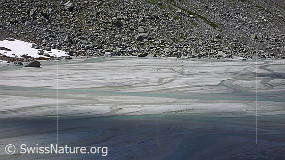 Foto: Licht und Schatten auf Schwemmebene mit Sandablagerungen und Wasserläufen. Im Hintergrund ist ein Schneefeld und eine Geröllhalde zu sehen.