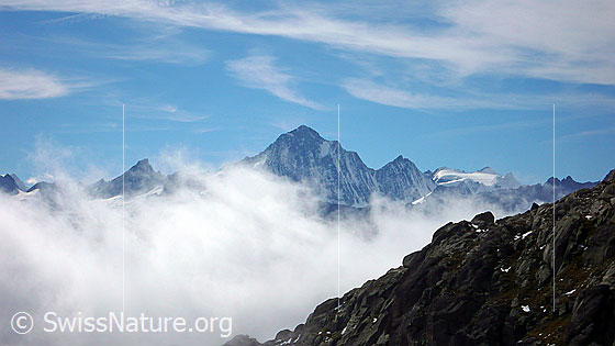 Foto: Stimmung mit Wolken um Oberaarhon, Finsteraarhorn, Agassizorn und Fiescherhörner. Darüber Schleierwolken.