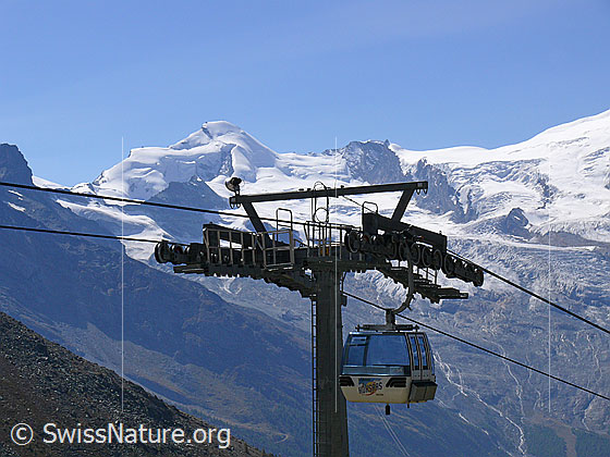 Foto: Gondelbahn Saas Grund - Hohsaas. Im Hintergrund ist das Allalinhorn zu sehen.