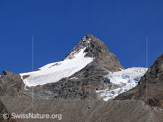 Foto: Fletschhorn und Fletschhorngletscher. Davor die ausgeprägte Seitenmoräne.