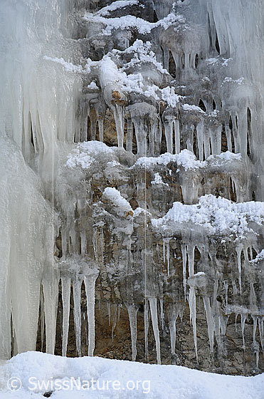 Foto: Eiskaskaden an Nagelfluhwand. Auf den schmalen Stufen liegt Schnee.