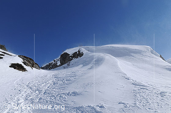 Foto: Felskopf mit Schneefahne und Schneeverwehung verursacht durch Föhnsturm.