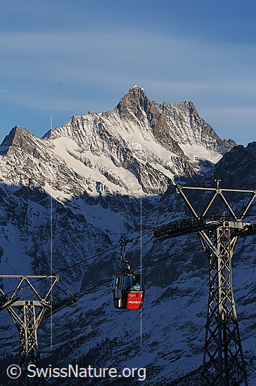 Foto: Männlichenbahn und Schreckhorn im Abendlicht.