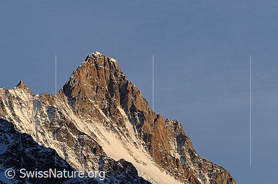 Foto: Schreckhorn im Abendlicht. Links das Nässihorn und der Nordwestgrat (Andersongrat). Rechts der Südwestgrat (Normalroute). Gut zu sehen sind die beiden Tübeli am Gipfel des Schreckhorns.
