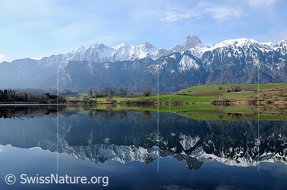 Foto: Spiegelung der Stockhornkette im Übeschisee. Die Umgebung des Sees ist hellgrün, während in den Bergen noch Schnee liegt.