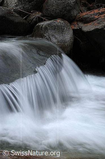 Foto: Fliessendes Wasser als Langzeitaufnahme. Das Wasser fliesst in weichen Strahlen über einen Felsblock.