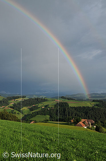 Foto: Regenbogen und satt grüne Hügellandschaft mit Bauernhöfen.