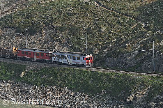 Foto: Rhätische Bahn auf der Bergstrecke zum Berninapass.
