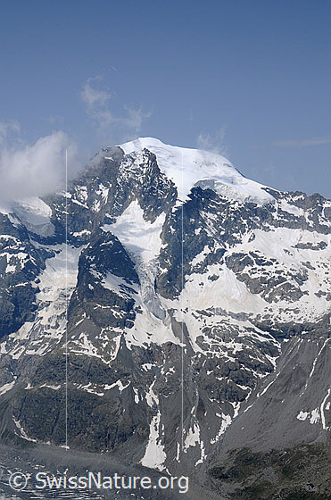 Foto: Piz Morteratsch. Davor die schlanke Zunge des Vadret Boval Dadains. Links davon der Vadret Prievlus.