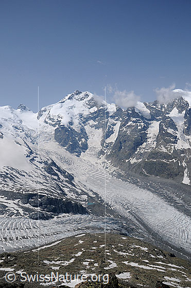 Foto: Gipfel: Piz Bernina, Piz Alv, Piz Prievlus und  Piz Morteratsch.
Gletscher: Vadret Pers, Vadret da Morteratsch, Vadret Prievlus.