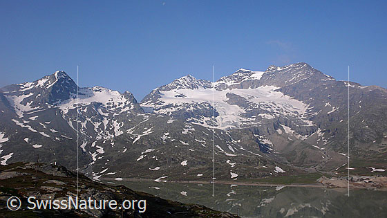 Foto: Berninapass und Lago Bianco. Im Hintergrund sind Sassal Mason, Piz Caral, Piz Cambrena, Piz d