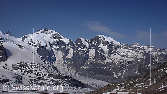Foto: Piz Bernina und Piz Morteratsch.
Gletscher: Fortezzagletscher - Persgletscher - Morteratschgletscher.