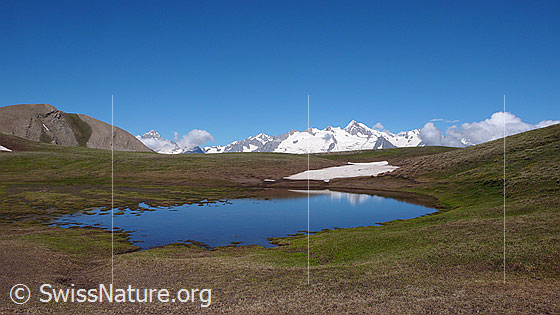 Foto: Hochebene mit Bergsee und Schneefeld. Im Hintergrund sind die Berner Alpen zu sehen.