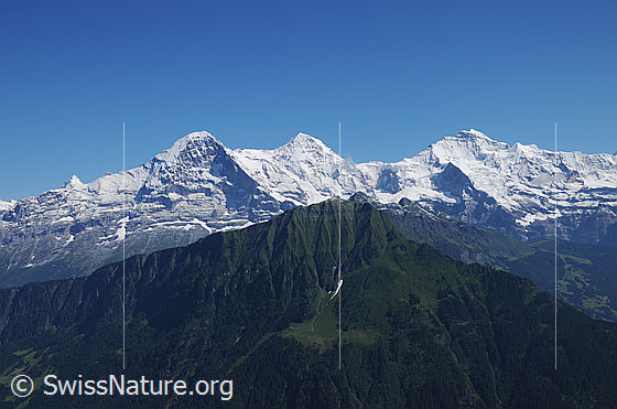 Foto: Dreigestirn Eiger, Mönch und Jungfrau. Davor der Männlichen.