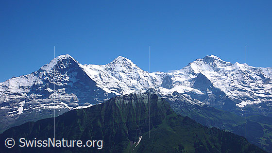 Foto: Dreigestirn Eiger, Mönch und Jungfrau. Davor der Männlichen.