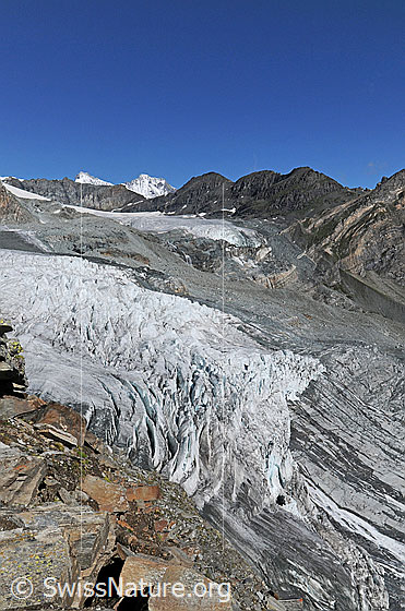 Foto: Allalingletscher und Hohlaubgletscher mit Gletscherzungen und Gletscherabbruch. Im Hintergrund sind die Viertausender Täschhorn und Dom zu sehen.