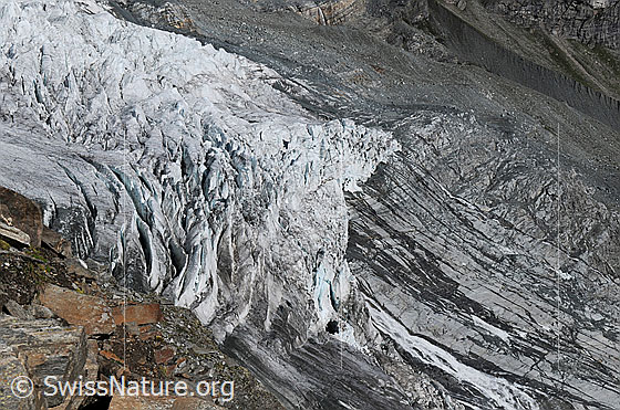 Foto: Gletscherzunge des Allalingletschers mit Spalten, Gletscherbach und Gletscherschliff.