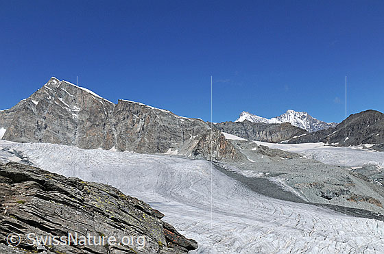 Foto: Gletscherlandschaft mit Allalingletscher und Hohlaubgletscher und den Viertausender Allalinhorn, Täschhorn und Dom.
