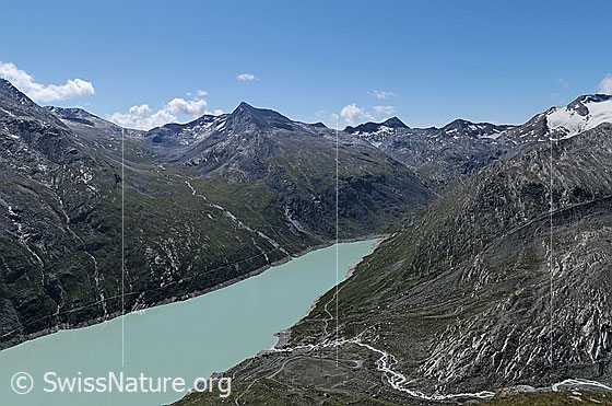 Foto: Ofentalpass, Ofental, Spechhorn, Joderhorn, Monte Moropass, Monte Moro und Stausee Mattmark mit Einmündung des Schwarzbergbachs.