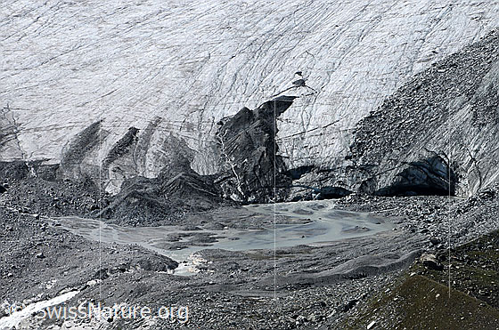 Foto: Gletschertor und Gletschervorfeld mit Schwemmebene an der Gletscherzunge des Schwarzberggletschers.