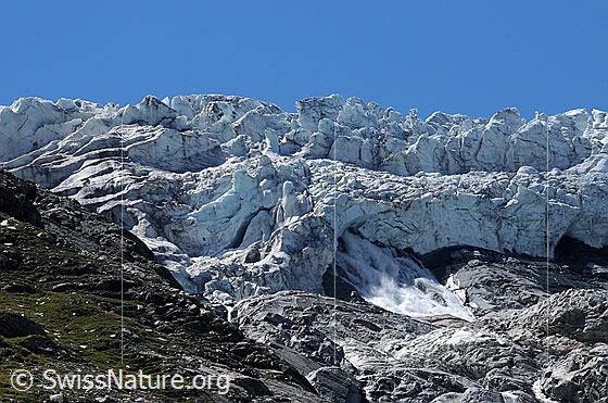 Foto: Gletscherabbruch und Gletschertor Allalingletscher. Der Gletscherbach weist eine grosse Wassermenge auf.