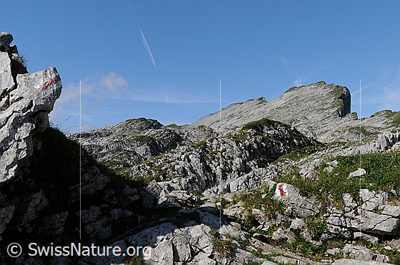 Foto: Bergweg mit weiss-rot-weisser Markierung in der Karstlandschaft der Schrattenfluh. Im Horizont ist der Gipfel des Hengst zu sehen.
