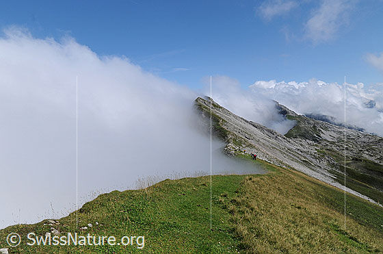 Foto: Interessante Nebelstimmung. Wolkenstau und Nebelstimmung an der Gratkante der Schrattenfluh. Am Grat sind Wanderer unterwegs.