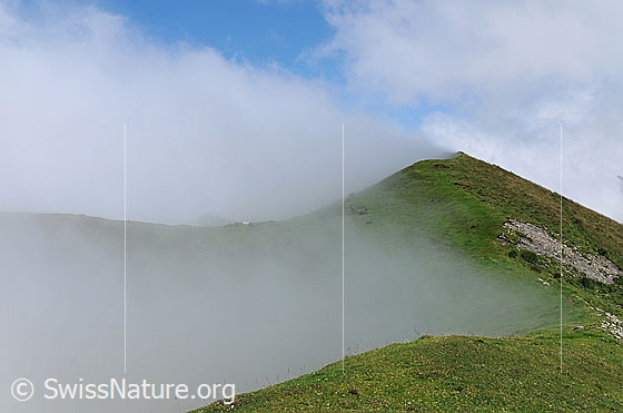 Foto: Stimmung auf der Schrattenfluh. Am Bergrücken und Grat staut sich der Nebel.