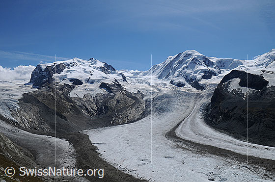 Foto: Nordend, Dufourspitze, Parrotspitze, Liskamm und Gletscherlandschaft mit Moränen des Gornergletscher, Monte Rosagletscher und Grenzgletscher.