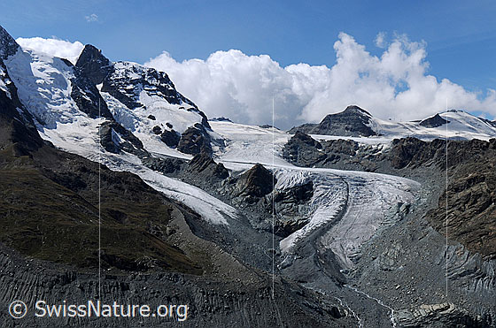 Foto: Zusammenfluss von Triftjigletscher und Unterer Theodulgletscher. An Klein Matterhorn, Theodulpass und Theodulhorn stauen sich die Quellwolken. Im Vordergrund ist eine Moräne zu sehen.