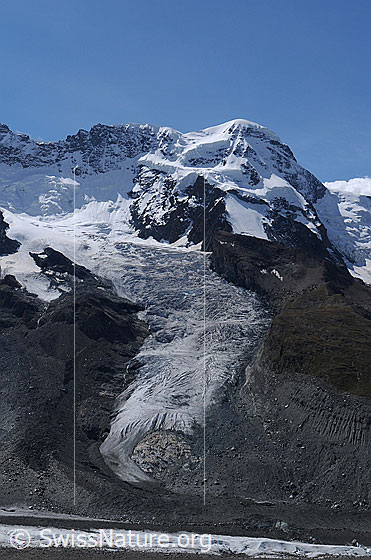 Foto: Zermatter Breithorn und Breithorngletscher mit Gletscherzunge und Seitenmoräne.