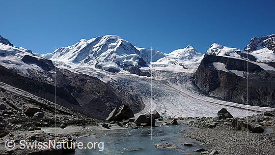 Foto: Gletscherbach vor Bergkulisse.
Gletscherbach am Rand des Gornergletschers. Im Hintergrund sind Grenzgletscher, Liskamm, Zwillingsgletscher, Castor und Pollux zu sehen..