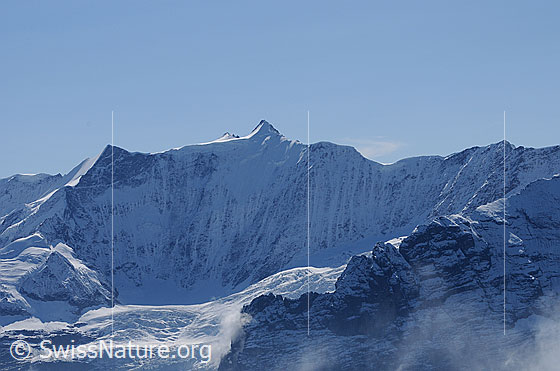 Foto: Ochs, Hinter-Fiescherhorn, Gross Fiescherhorn, Walchergrat und Walcherhorn
Davor die Fiescherwand und darunter der Kessel des Fieschergletschers. Im Vordergrund der östliche Ausläufer des Eigers (Ostegg und Hörnli)