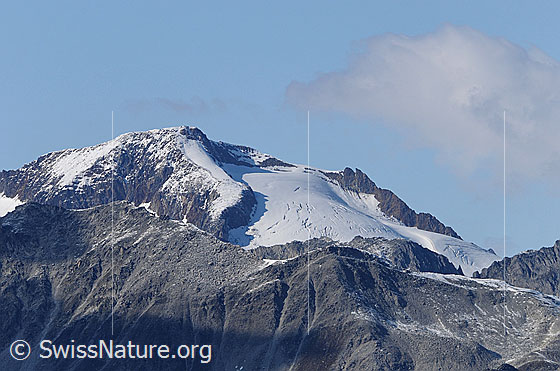 Foto: Scheuchzerhorn mit Scheuchzerhorngetscher und im Vordergrund die Gipfel Firehorn und Heji Zwächte.