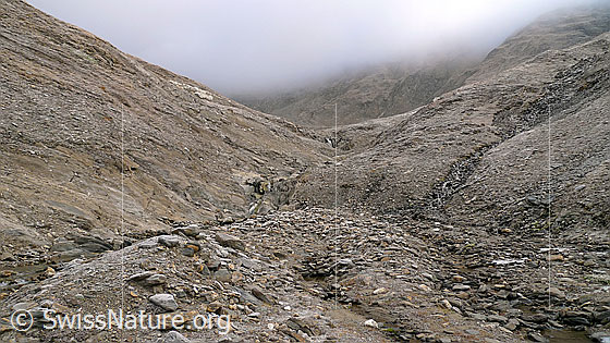Foto: Geheimnisvolles Tal mit Morgennebel.
Geheimnisvolle Stimmung mit Morgennebel in einem urtümlichen Hochtal. Das Tal verläuft durch eine Felslandschaft mit Wasserläufen und zahlreichen Steinen in unterschiedlicher Farbe und Gesteinsart.