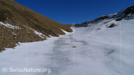 Foto: Gletscherrückzug. Enges Hochtal in der Permafrostzone mit Resten von Gletschereis und einer Geröllhalde.