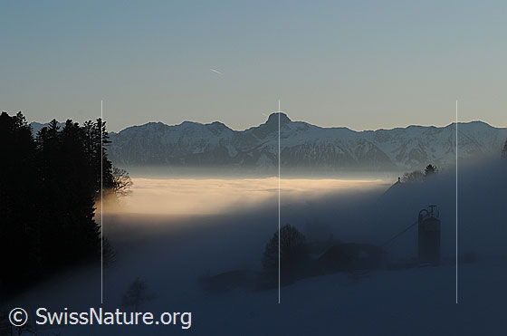 Foto: Nebelstimmung am Abend. Nebelmeer im letzten Licht des Tages. Die Stockhornkette liegt im Schatten. Durch einen Nebelschleier an der Nebelgrenze sind Bauernhöfe erkennbar.